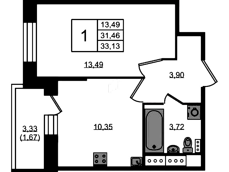 1-комнатная квартира 33.13 м², 11/11 эт., ЖК «Новое Колпино»